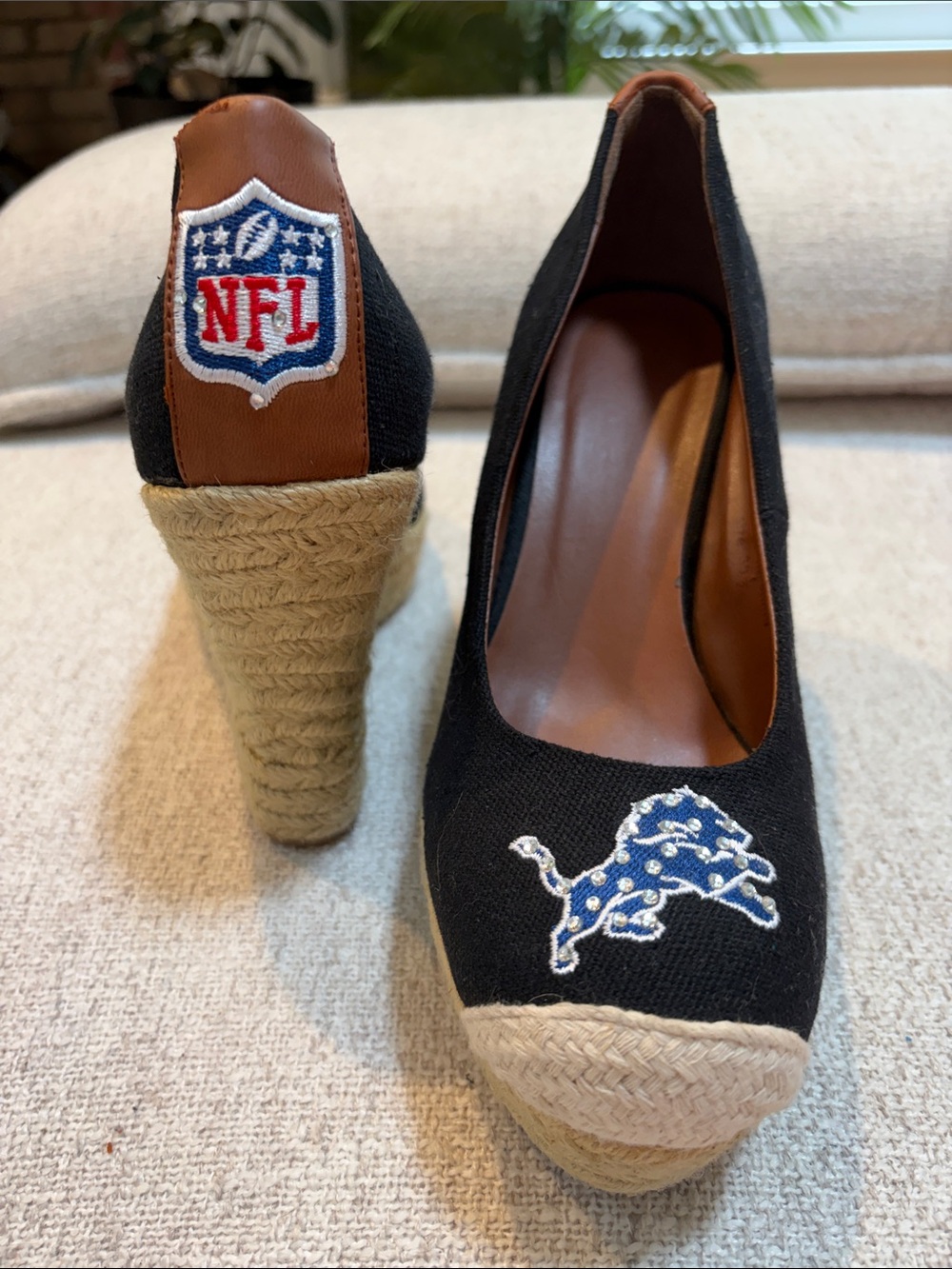 Black Espadrille Wedge Pumps with NFL and Panther Embroidery